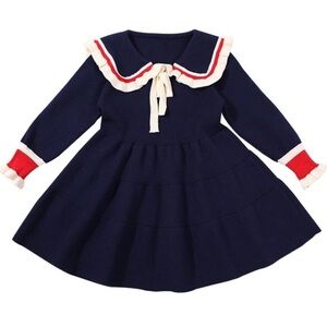Girls Knitted Preppy Style Autumn Sweater Long Sleeve Dress, Navy Blue